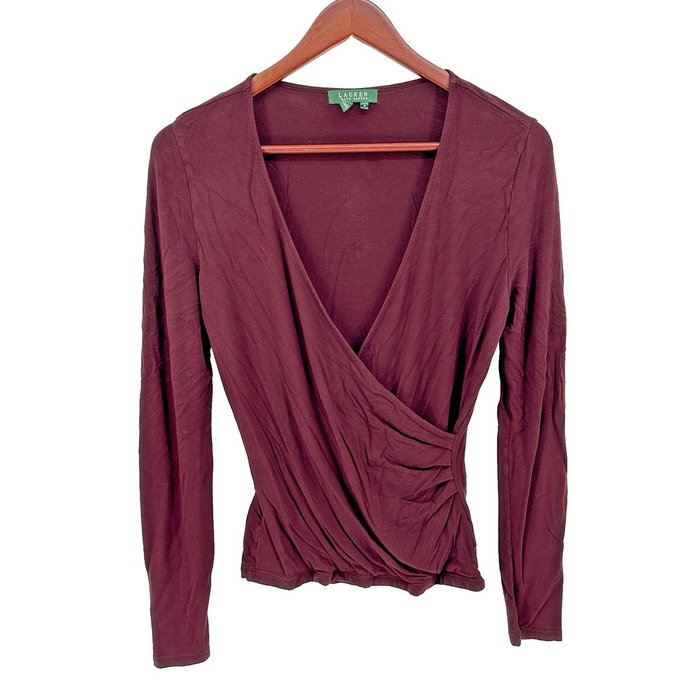 Lauren Ralph Lauren Women M Burgundy Faux Wrap V-Neck Ruched Long Sleeve Top